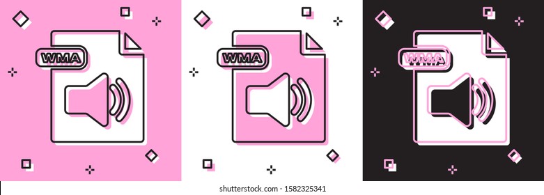Set WMA file document. Download wma button icon isolated on pink and white, black background. WMA file symbol. Wma music format sign.  Vector Illustration