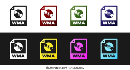Set WMA file document icon. Download wma button icon isolated on black and white background. WMA file symbol. Wma music format sign. Vector Illustration