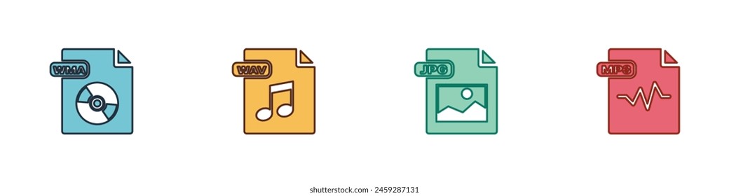 WMA-Datei-Dokument, WAV-, JPG- und MP3-Symbol einstellen. Vektorgrafik