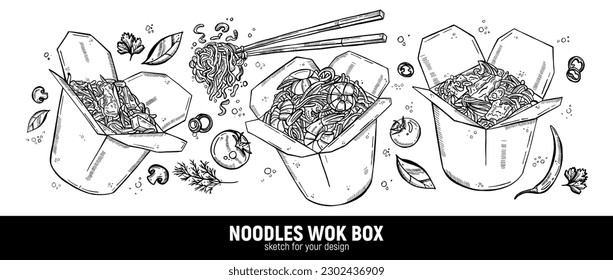 Set of wok boxes. Noodles, chopsticks, vegetables and spices. Asian cuisine. Hand drawing sketch.