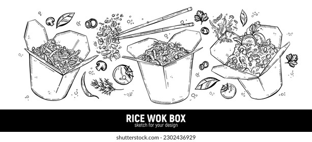 Set of wok boxes. Rice, chopsticks, vegetables and spices. Asian cuisine. Hand drawing sketch.