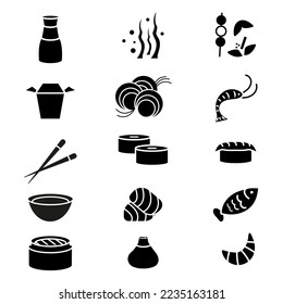 Set of wok icons. Black silhouette. Soy sauce, seaweed, sweets, box, noodles, shrimp, Chinese sticks, rolls, sushi, fish, plate, tuna, salmon, Chinese dumplings. Asian food. Vector illustration.