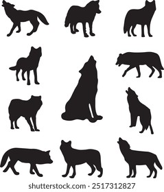 Set of wolf animal silhouettes vector 