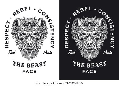 Set Wolf Beast Horror Hand drawn Hatching Outline Symbol Tattoo Merchandise T-shirt Merch vintage