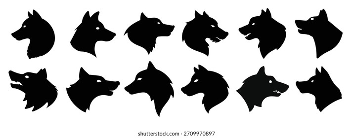 Set of wolf head black silhouette illustration 
