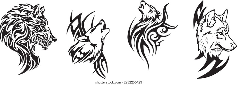 Set Wolf head illustration Logo Design. Wolf mascot vector art. Frontal symmetric image of a wolf looking dangerous.wolf face