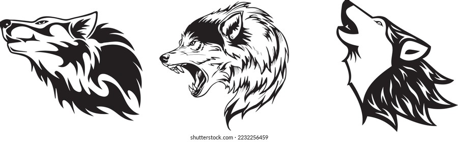 Set Wolf head illustration Logo Design. Wolf mascot vector art. Frontal symmetric image of a wolf looking dangerous.wolf face