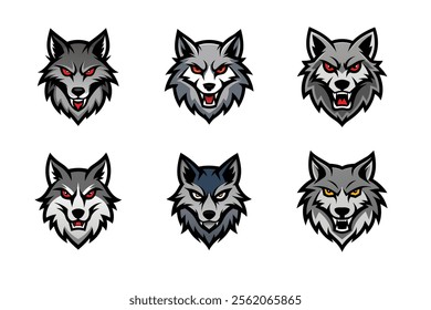 Set of wolf head mascot vector illustration, Angry wolf face