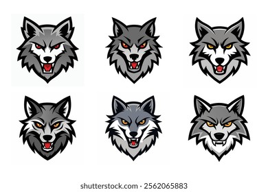 Set of wolf head mascot vector illustration, Angry wolf face