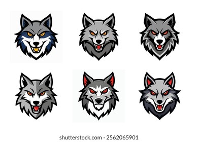 Set of wolf head mascot vector illustration, Angry wolf face