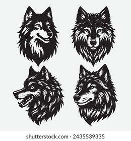 Set of of wolf head minimal logo vector icon silhouette template design. Wolves hand drawn black and white vector illustration isolated on white background