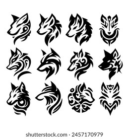 Set von Wolfskopf Stamm Tattoo Formen. Tribal Tattoo Set mit verschiedenen ethnischen Stilen einschließlich Maori, Gothic und Celtic