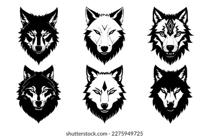 Set of wolf heads with closed mouth, with different angry expressions of the muzzle. Symbols for tattoo, emblem or logo, isolated on a white background.