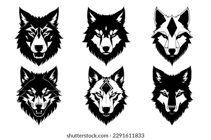 Un conjunto de cabezas de lobo con boca cerrada, con diferentes expresiones airadas del bozal. Símbolos para tatuajes, emblemas o logos, aislados en un fondo blanco.