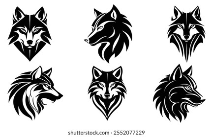 Set of wolf heads logos, graphic logos, with different angry expressions of the muzzle. Symbols for tattoos, emblems, or logos, isolated on a white background