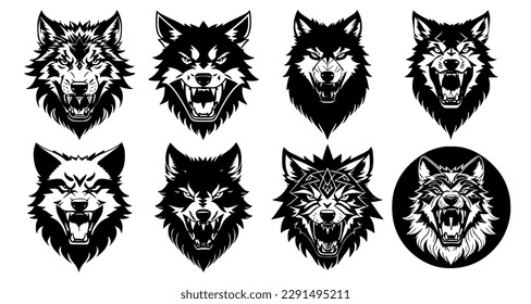 Set of wolf heads with open mouth and bared fangs, with different angry expressions of the muzzle. Symbols for tattoo, emblem or logo, isolated on a white background.