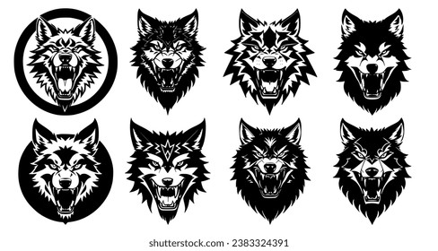 Set of wolf heads with open mouth and bared fangs, with different angry expressions of the muzzle. Symbols for tattoo, emblem or logo, isolated on a white background.