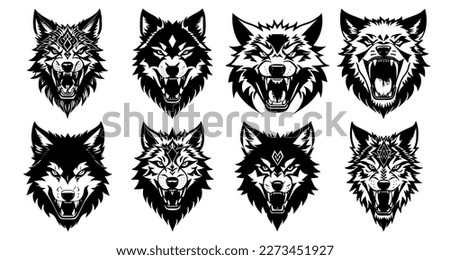 Set of wolf heads with open mouth and bared fangs, with different angry expressions of the muzzle. Symbols for tattoo, emblem or logo, isolated on a white background.