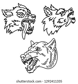 Set of wolf illustration in line style. Design element for emblem, sign, poster, t shirt. Vector illustration