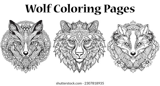 A set of wolf line art coloring pages for adults.