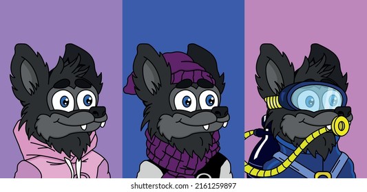 Set of wolf NFT collection on color background. A wolf in a sweatshirt, in a hat and a bomber jacket, a wolf in scuba gear. Custom wolf vector illustration