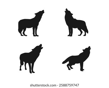 Set of Wolf Silhouette Animal. Fox, Wolf, howling on hill, icon, logo, vector. wolves standing black silhouette vector. Minimal design, minimalist logo vector. Vector on a white background.