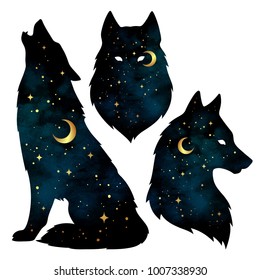 Set of wolf silhouettes with crescent moon and stars isolated. Sticker, print or tattoo design vector illustration. Pagan totem, wiccan familiar spirit art.