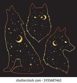 Set of wolf silhouettes with crescent moon and stars isolated. Sticker, print or tattoo design vector illustration. Pagan totem, wiccan familiar spirit art