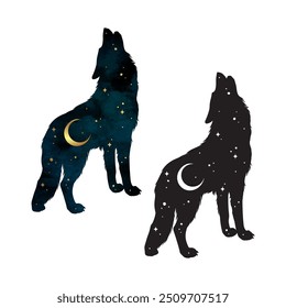 Set of wolf silhouettes with crescent moon and stars isolated. Sticker, print or tattoo design vector illustration. Pagan totem, wiccan familiar spirit art