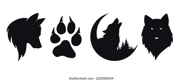  Set of wolf silhouettes isolated. Sticker, print or tattoo design, paw, wolf fierce face logo design, vector 