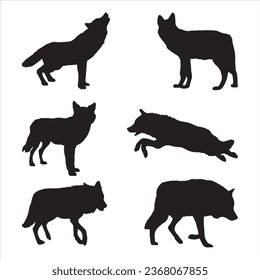 Set of wolf silhouettes. Wolf silhouette isolated.