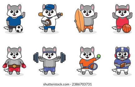 Set of Wolf wearing uniform and using sports equipment. Funny animals doing exercis. Cute cartoon character vector set isolated on a white background. Cartoon animal sport. Wolf cartoon. 