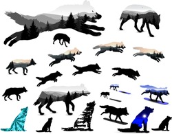 Set Of Wolves. Silhouettes. Double Exposure With Mountain Landscape. Playing With Snowboard. Howling.