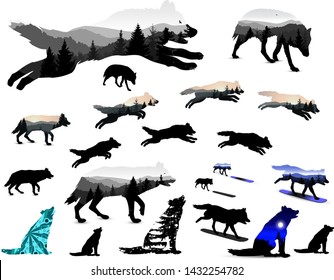 Set of wolves. Silhouettes. Double exposure with mountain landscape. Playing with snowboard. Howling.