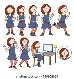 Set of a woman in 9 different poses. Vector illustration. Isolated.