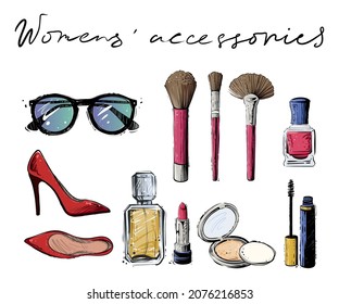 Set of woman accessories, color vector illustration