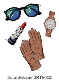 Set of woman accessories, color vector illustration