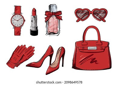 Set of woman accessories, color vector illustrtaion