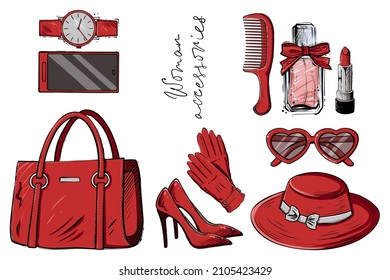 Set of woman accessories, color vector illustration