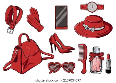 Set of woman accessories, color vector illustration