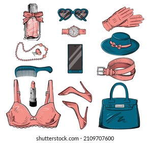Set of woman accessories, color vector illustration