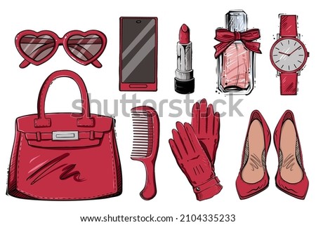 Set of woman accessories, color vector illustration