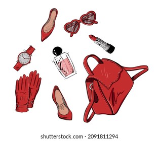 Set of woman accessories, flat lay, color vector illustrtaion