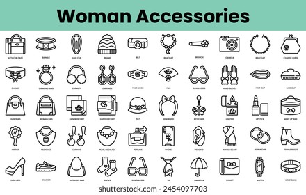 Set of woman accessories icons. Linear style icon bundle. Vector Illustration