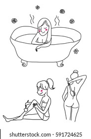 Set of woman activity in bathroom such as girl holding brush scrubbing her back, cute woman shaving her legs, pretty girl relaxing herself in a bathtub with aroma floral soap. Vector illustration.