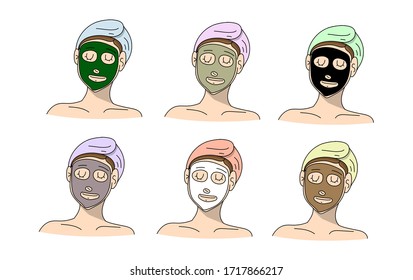 Set of woman apply facial sheet mask on face. Green tea, moisturizing, clay, charcoal and natural mask treatment doodle vertor.