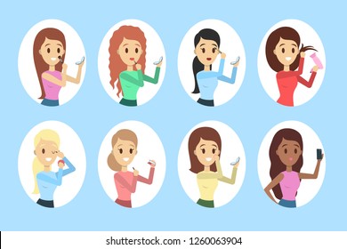 Set of woman applying cosmetics such as powder, foundation and concealer on skin. Daily routine of face beauty. Girl with perfect make up. Isolated vector flat illustration