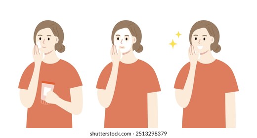 Set of woman applying lotion cream and wearing facial mask. Happy woman with smooth clean skin. Beauty, skincare, treatment, lifestyle, cleansing concept. Flat character vector design illustration.