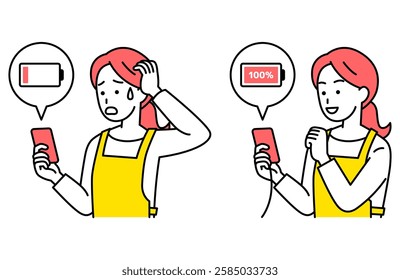 Set of a woman in an apron charging her smartphone