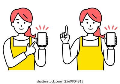 Set of a woman in an apron showing and explaining the screen of a smartphone